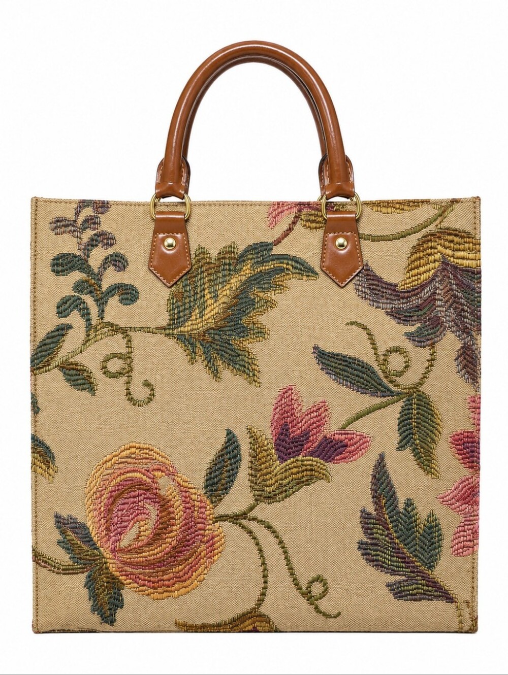 ETRO Tan Vintage Floral Embroidered Canvas Leather Tote Bag